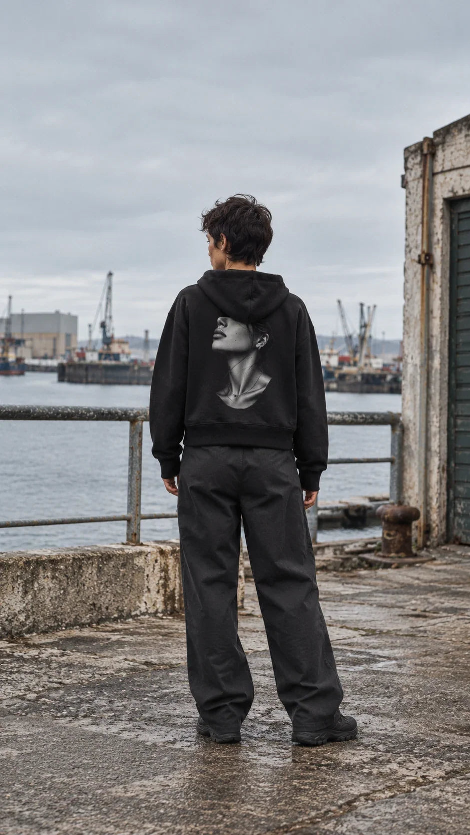 Augusta Silver Profile black boxy hoodie, back portrait print, styled on the harbour quay.
