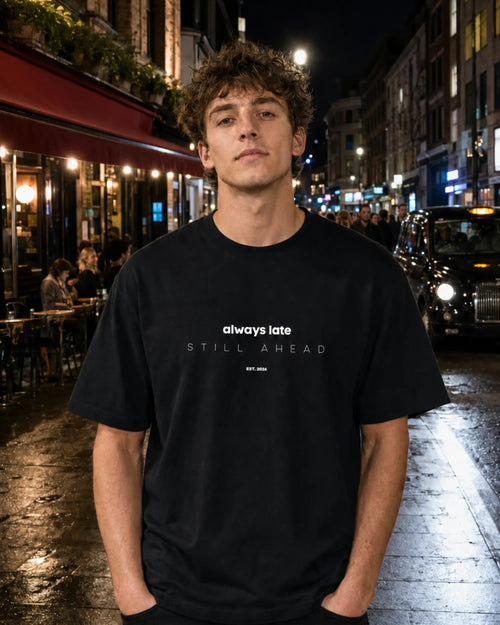 Always Late Black — men's front view, nighttime.