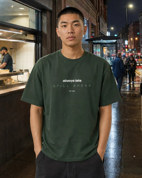 Always Late Still Ahead forest green oversized T-shirt, male model, front view, UK night