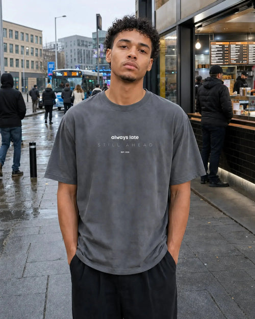 Always Late Still Ahead shadow oversized T-shirt, male model, front view, UK daytime