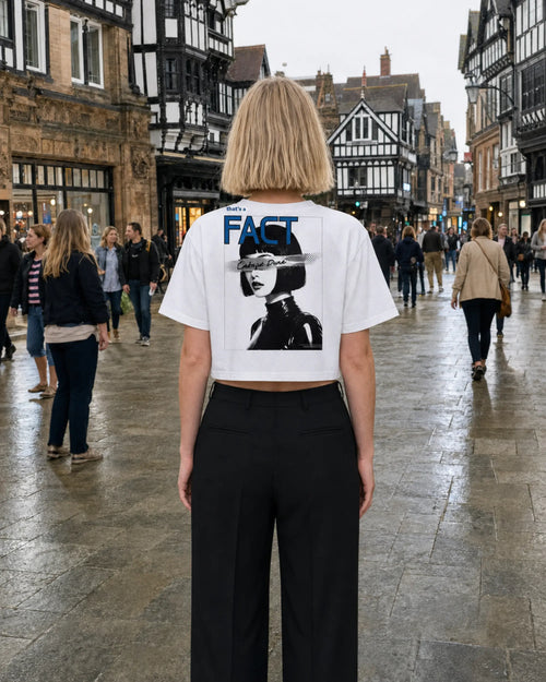 Arguing With Me Builds Character white cropped T-shirt, female model, back view, UK daytime | augusta-mode-day | augusta-gender-women | augusta-view-back | augusta-color-white