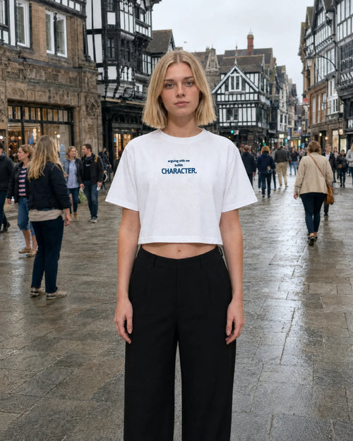 Arguing With Me Builds Character white cropped T-shirt, female model, front view, UK daytime | augusta-mode-day | augusta-gender-women | augusta-view-front | augusta-color-white