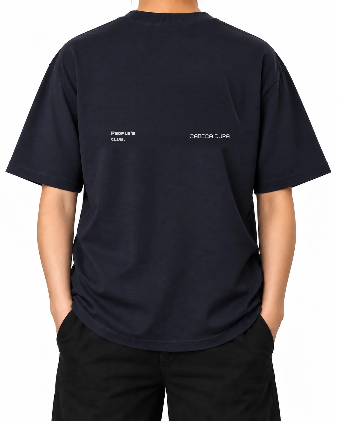 Always Late Still Ahead T-Shirt — French Navy, person A back; original artwork mockup.