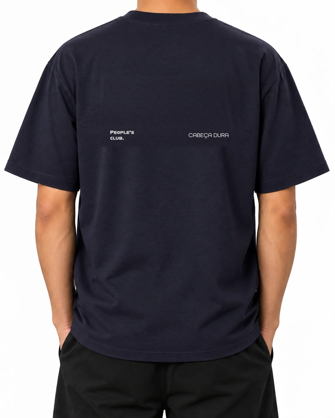 Always Late Still Ahead T-Shirt — French Navy, Person B, Rückansicht; Mock-up des Originalmotivs