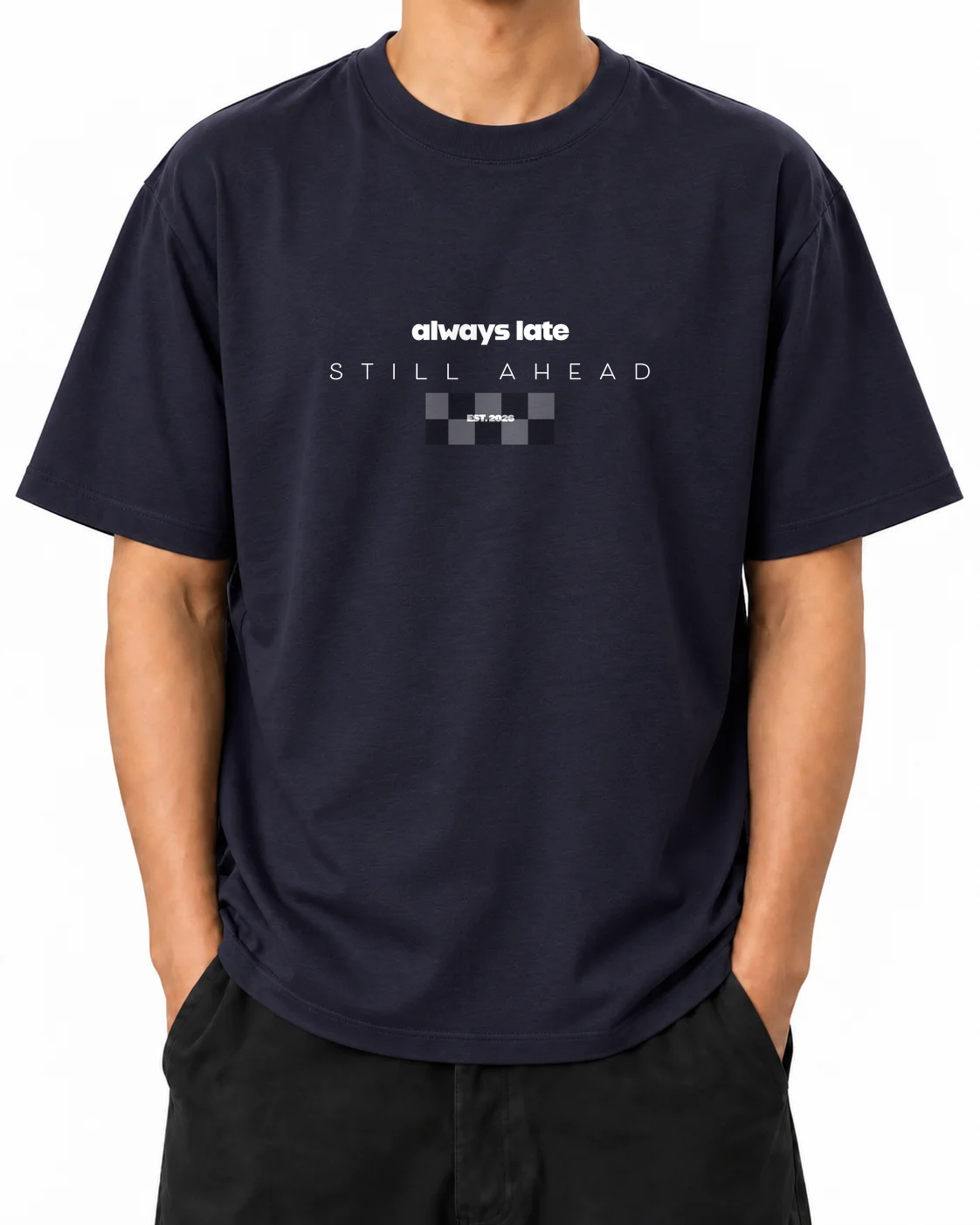 Always Late Still Ahead T-Shirt — French Navy, Person B, Vorderansicht; Mock-up des Originalmotivs