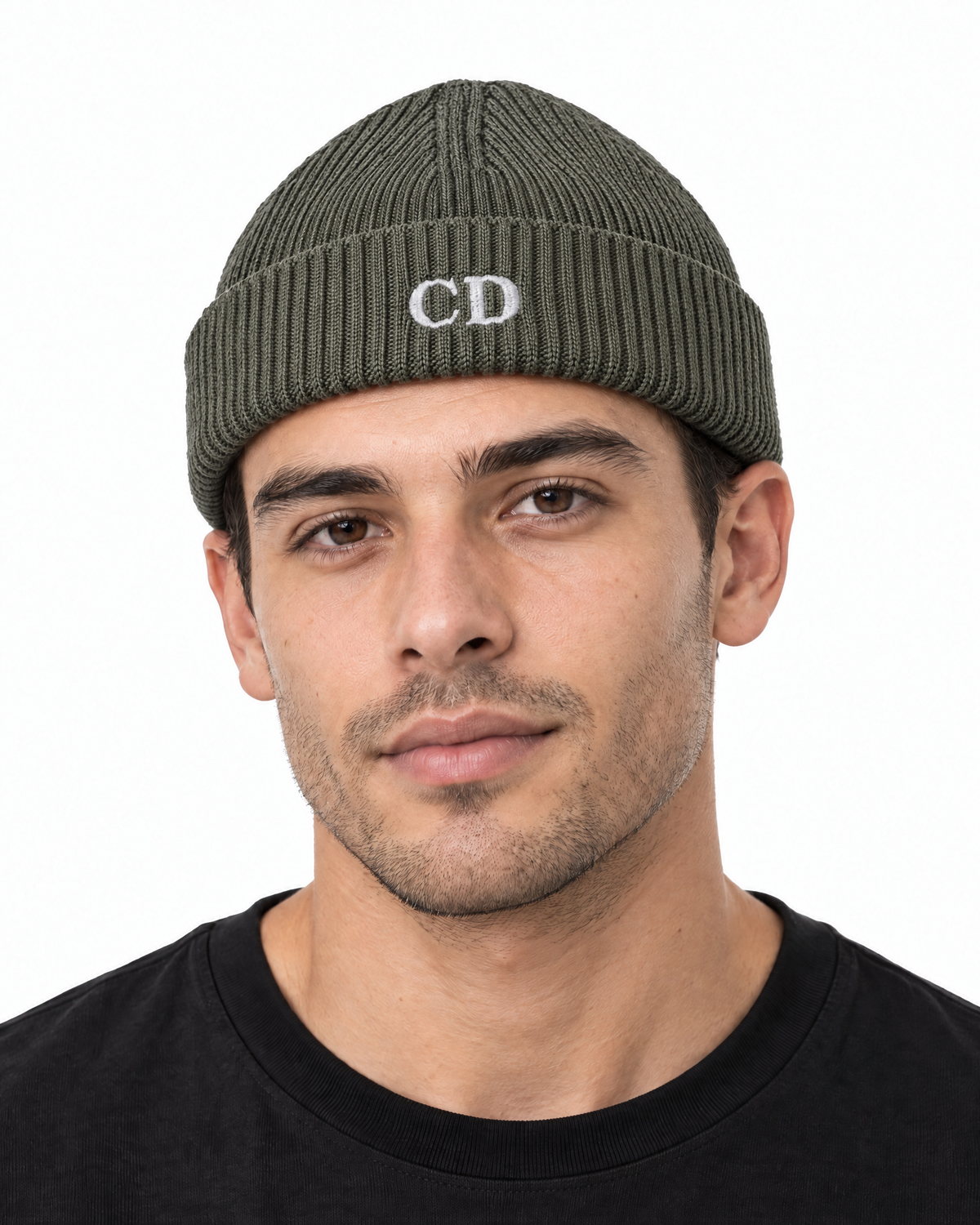 CD Fisherman Beanie — Khaki, worn front portrait on a white background with white CD embroidery.