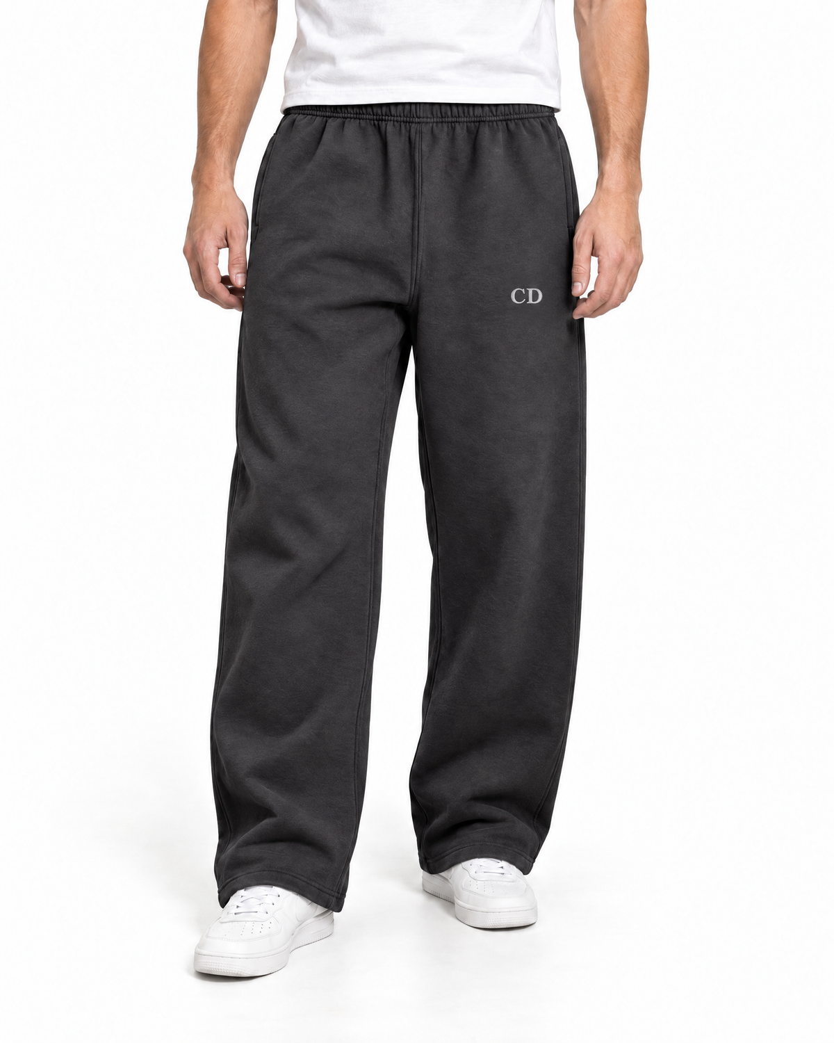 CD Heavyweight Joggers — Solid Charcoal, worn front view on a white background with white CD embroidery.