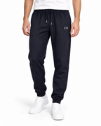 CD Mover Joggers — French Navy, worn front view on a white background with white CD embroidery.