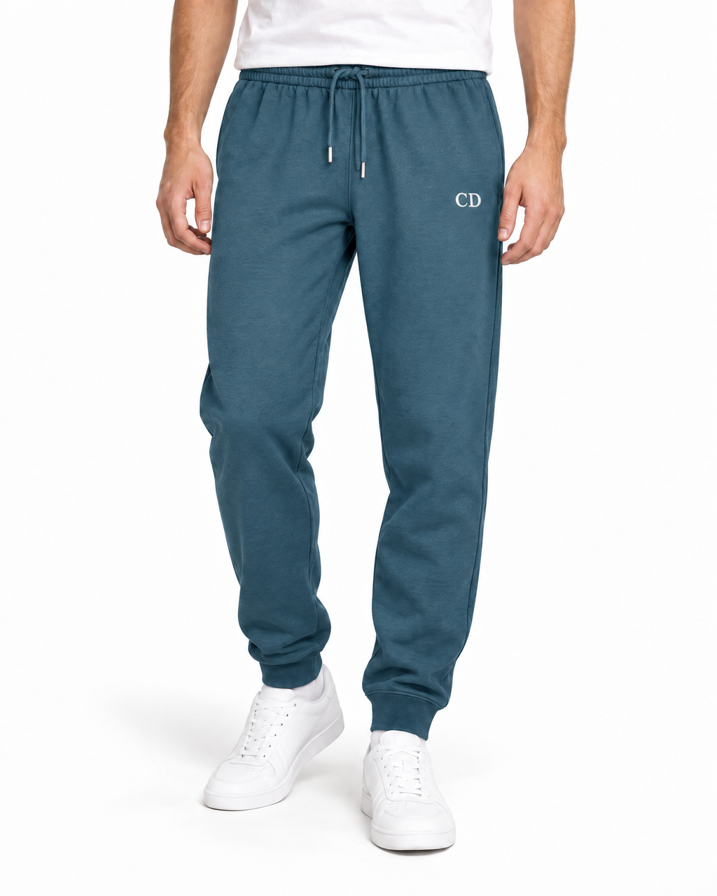 CD Mover Joggers — Stargazer, worn front view on a white background with white CD embroidery.