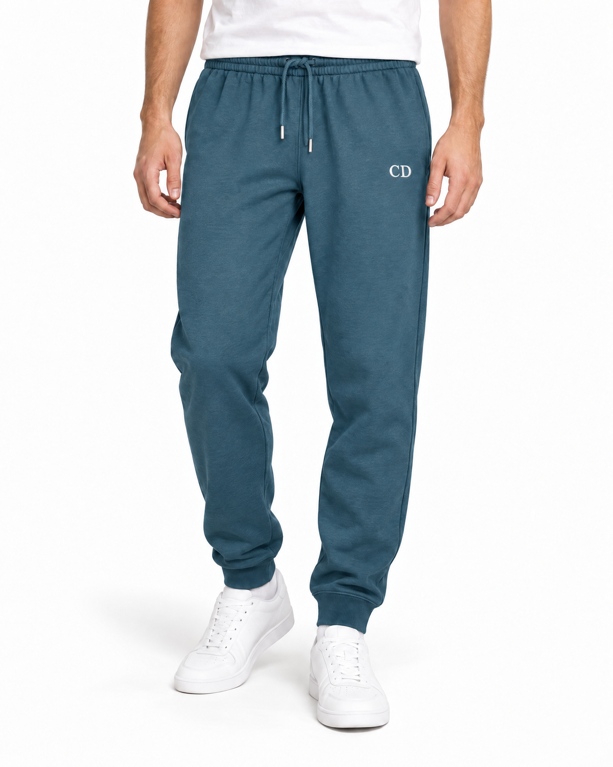 CD Mover Joggers — Stargazer, worn front view on a white background with white CD embroidery.