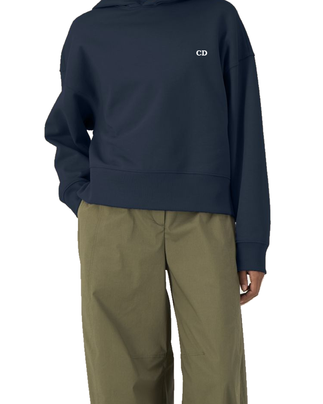 Rare Form Boxy Hoodie — French Navy, model A wearing the boxy hoodie, front view on a white background.