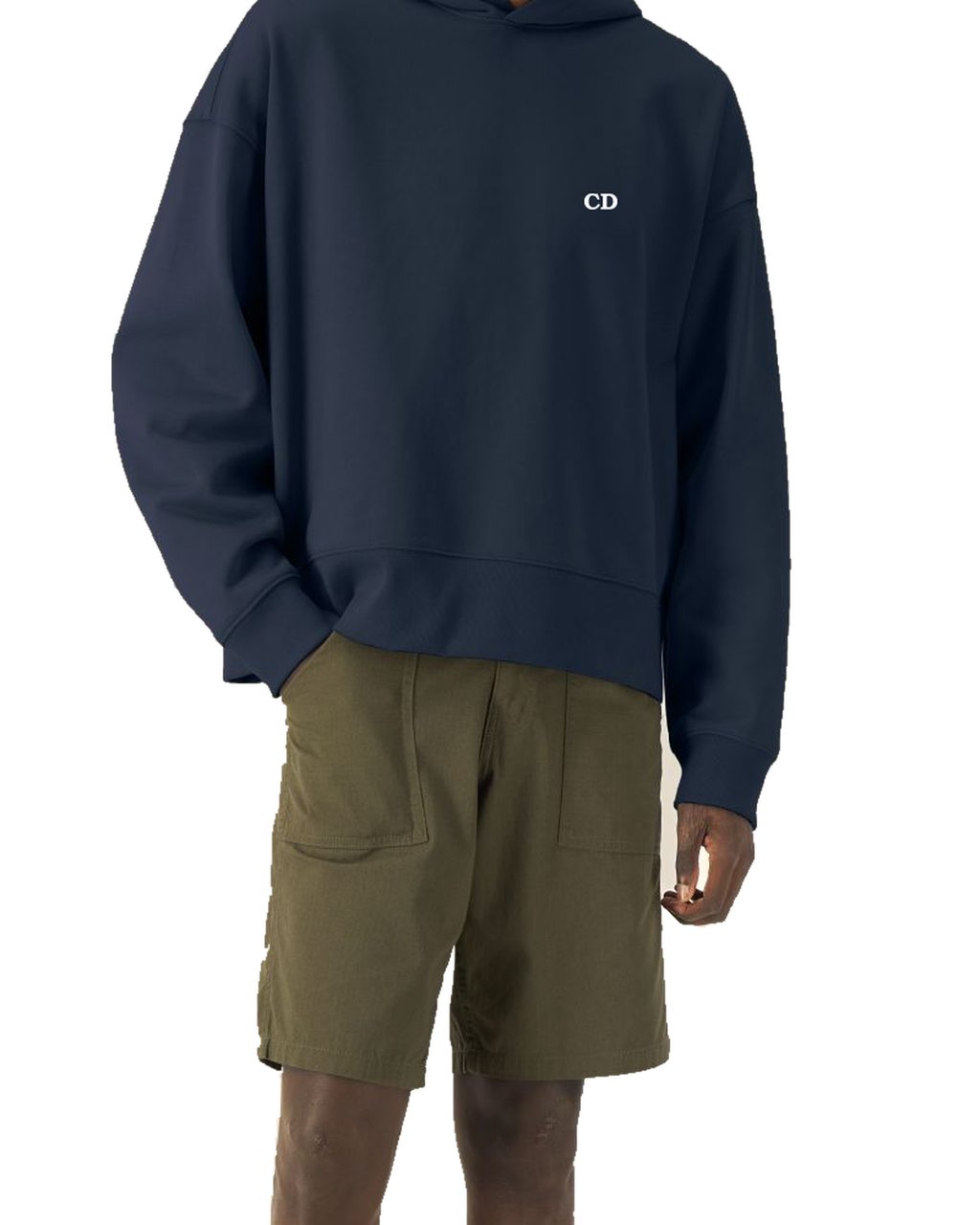 Rare Form Boxy Hoodie — French Navy, model B wearing the boxy hoodie, front view on a white background.