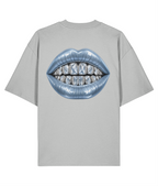 Augusta Cold Fortune T-Shirt — Heather Grey, back view with large icy blue diamond mouth print.