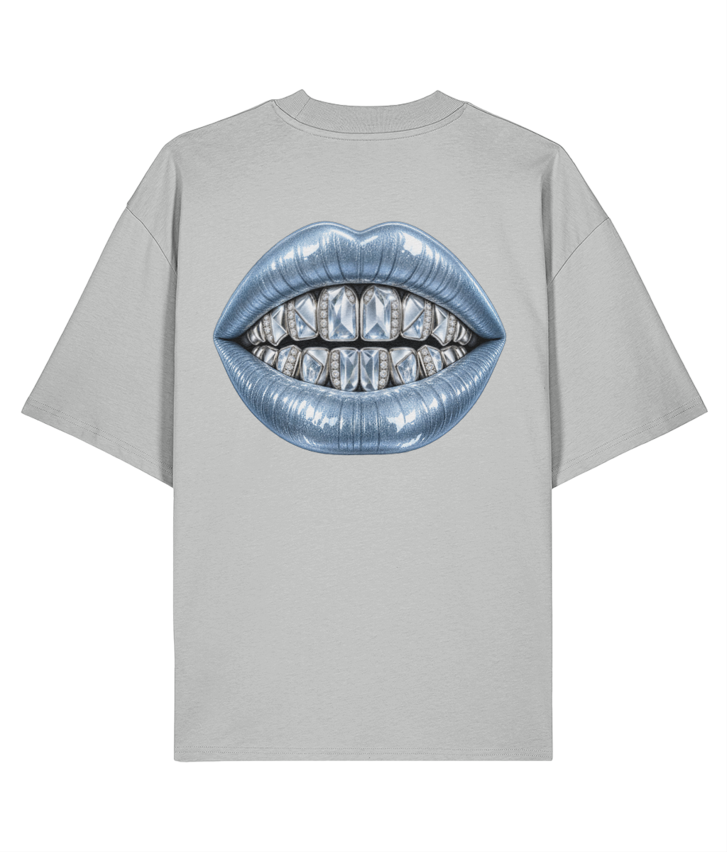 Augusta Cold Fortune T-Shirt — Heather Grey, back view with large icy blue diamond mouth print.