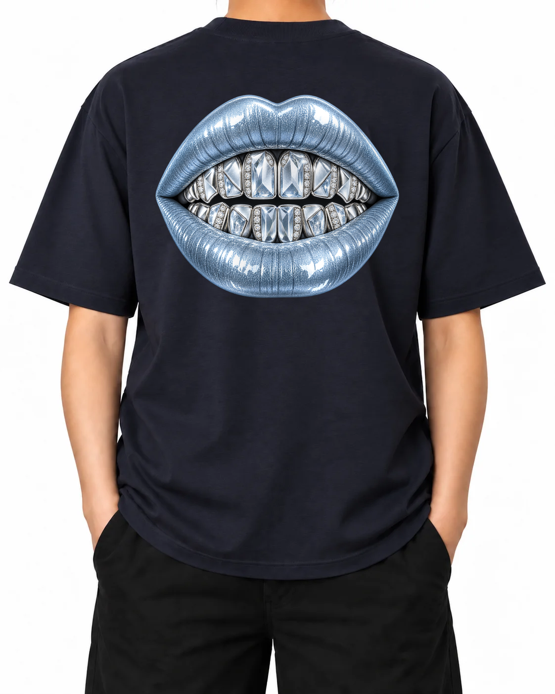 Cold Fortune T-Shirt — French Navy, model A wearing the T-shirt, back view on a white background.
