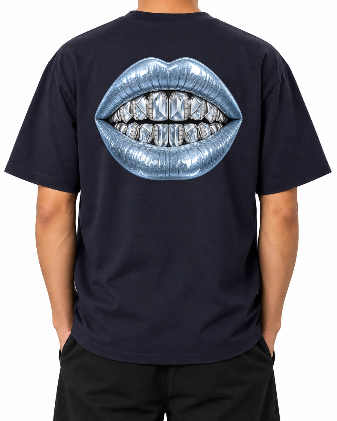 Cold Fortune T-Shirt — French Navy, model B wearing the T-shirt, back view on a white background.