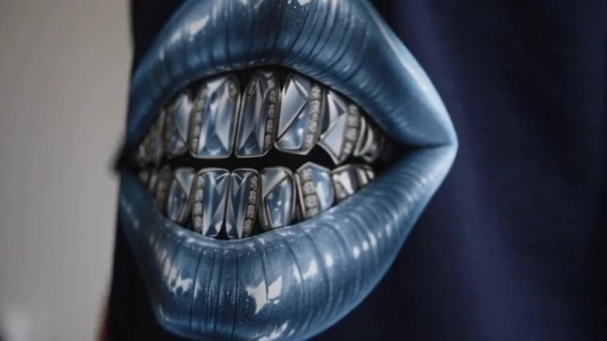 Close view of the silver mouth graphic printed on an Augusta Cold Fortune T-shirt