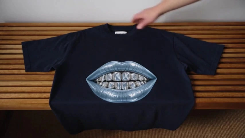 Marineblaues Augusta Cold Fortune T-Shirt mit silbernem Mundmotiv auf der Vorderseite