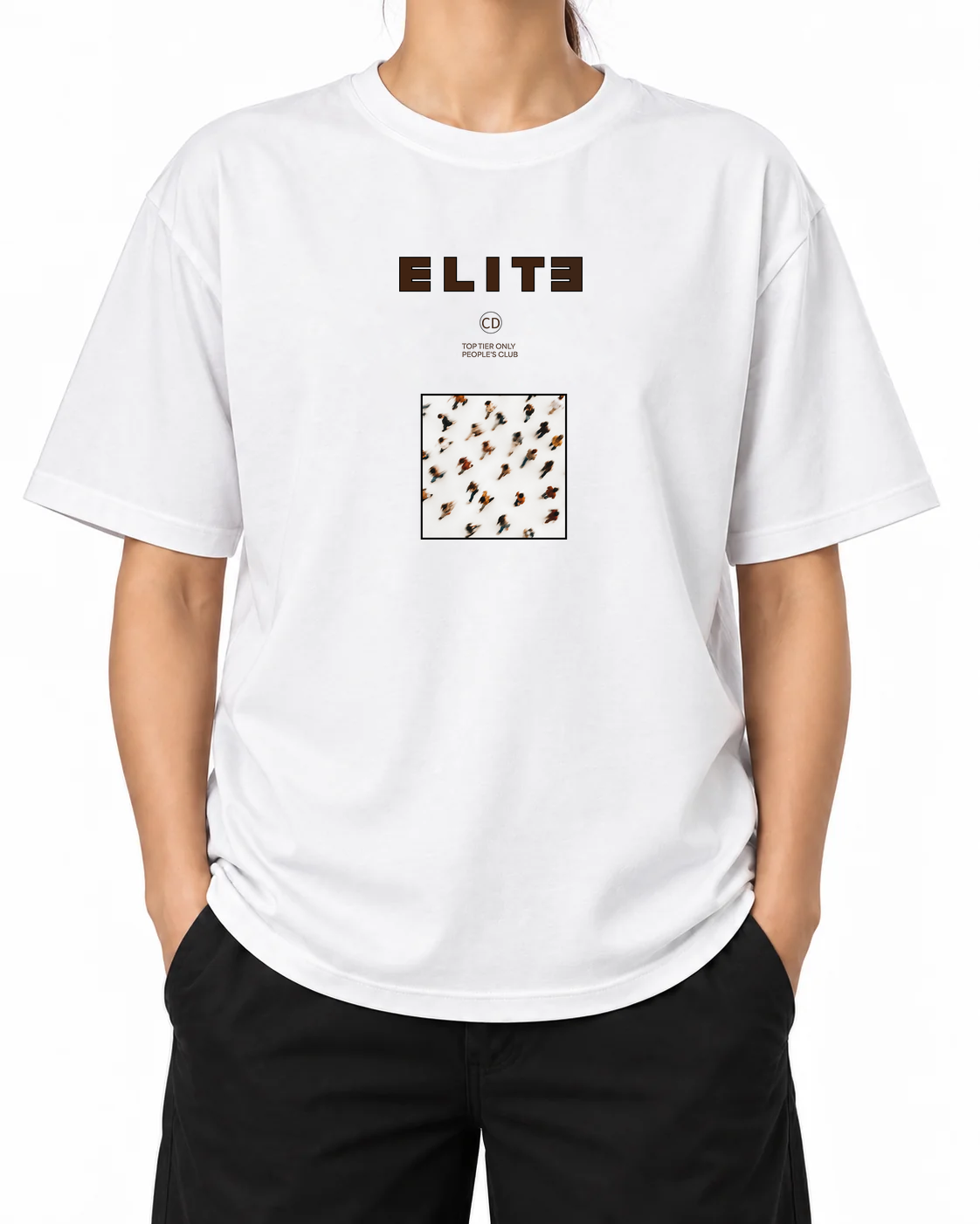 Elite Attitude Graphic T-Shirt — White, model A wearing the T-shirt, front view on a white background.
