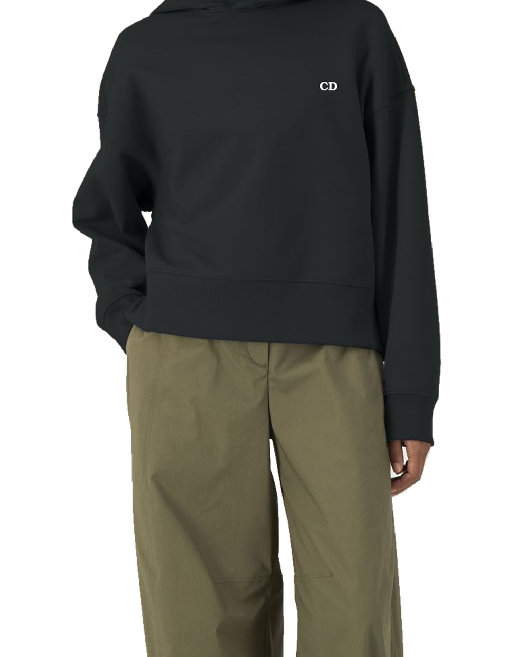 Cold Fortune Boxy Hoodie — Black, model A wearing the boxy hoodie, front view on a white background.