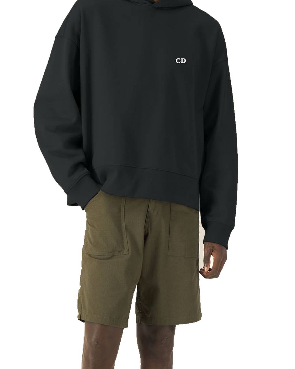 Sudadera boxy con capucha Soft Power — Black, modelo B con la sudadera boxy con capucha, vista delantera sobre fondo blanco