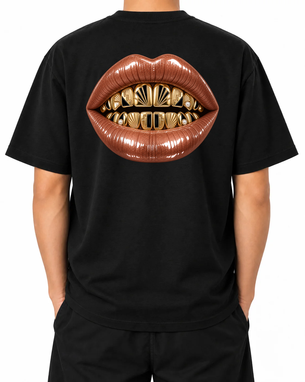 Gilded Vice T-Shirt — Black, model B wearing the T-shirt, back view on a white background.