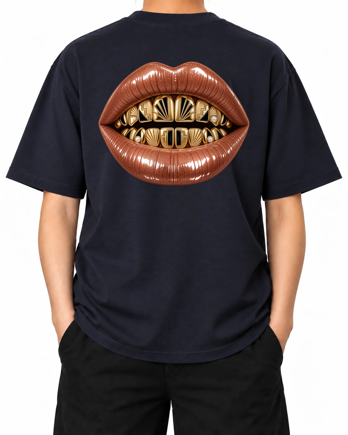 Gilded Vice T-Shirt — French Navy, model A wearing the T-shirt, back view on a white background.