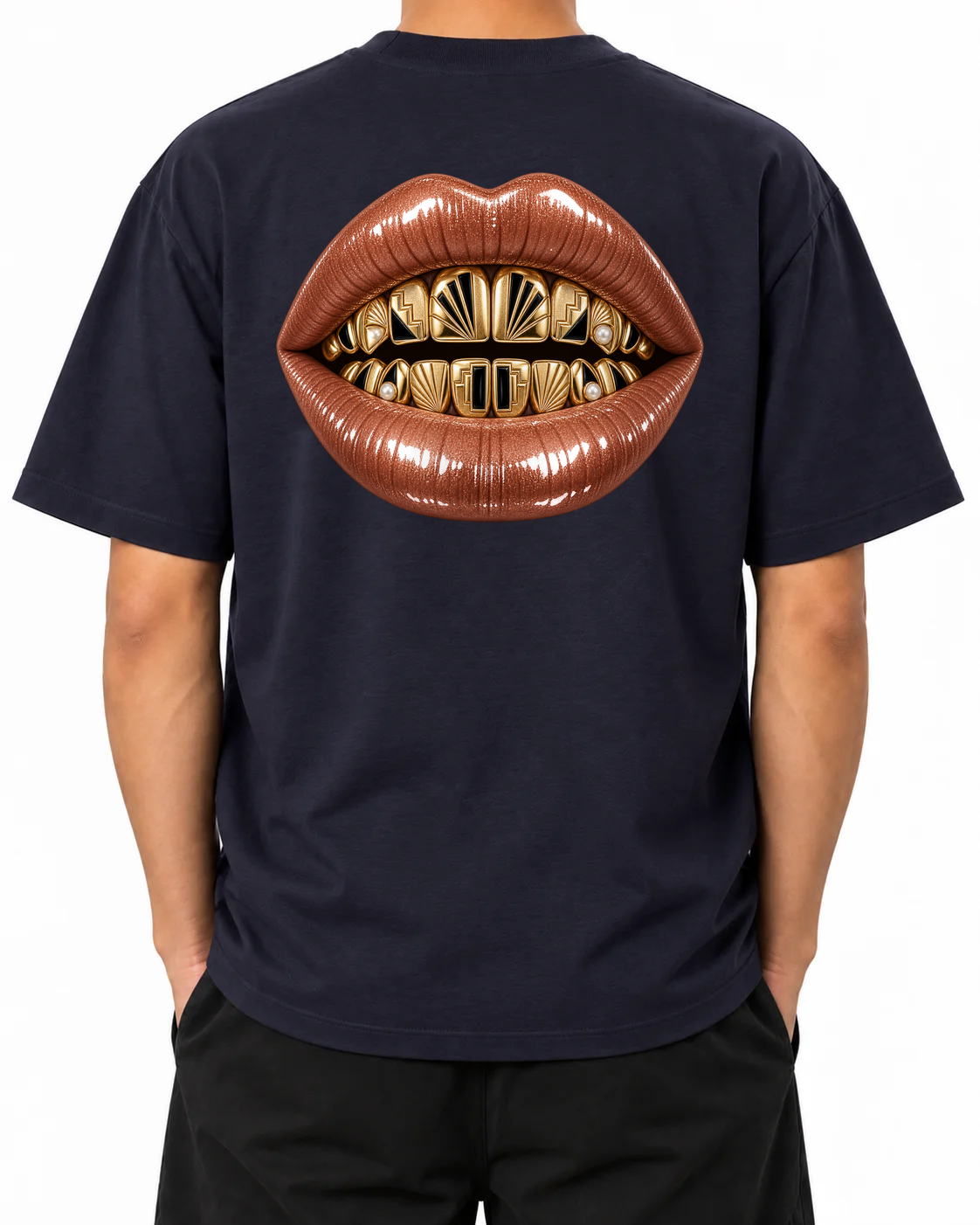 Gilded Vice T-Shirt — French Navy, model B wearing the T-shirt, back view on a white background.