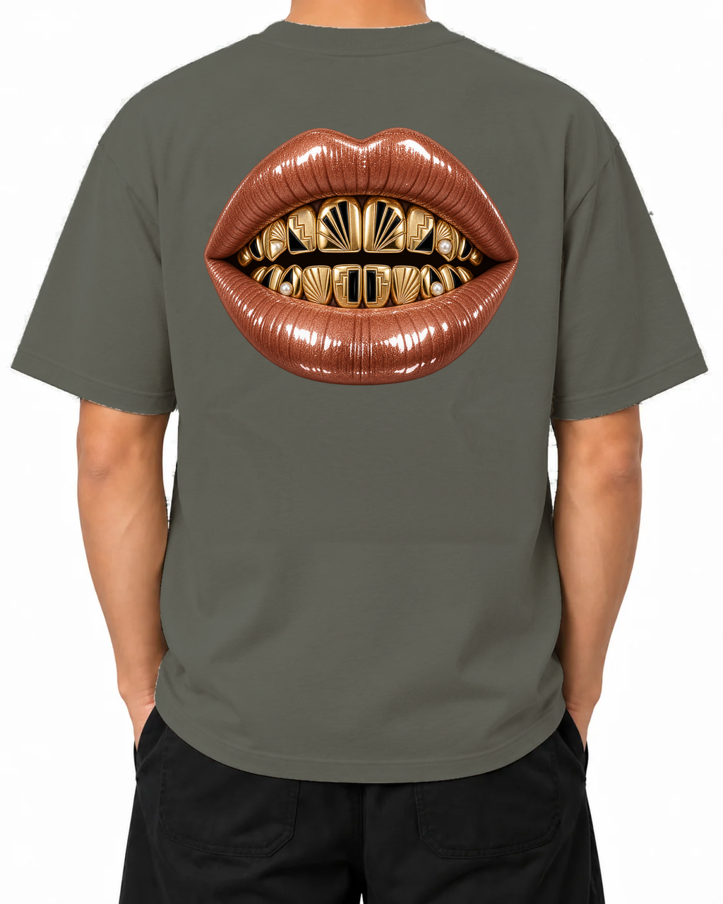 Gilded Vice T-Shirt — Khaki, model B wearing the T-shirt, back view on a white background.