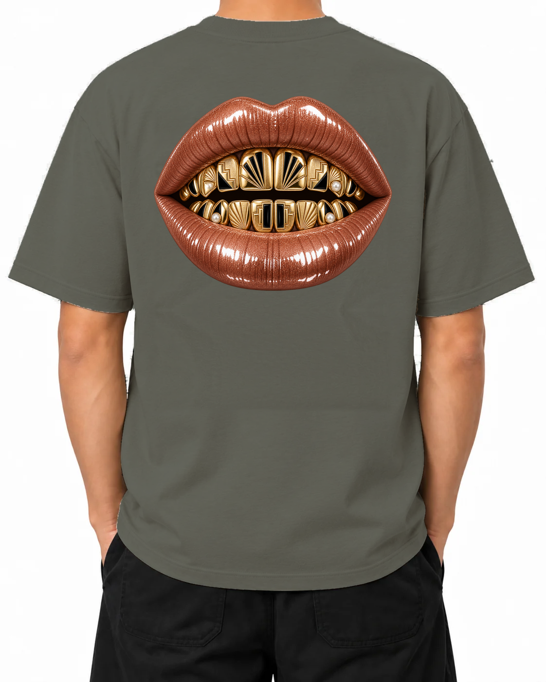 Gilded Vice T-Shirt — Khaki, model B wearing the T-shirt, back view on a white background.