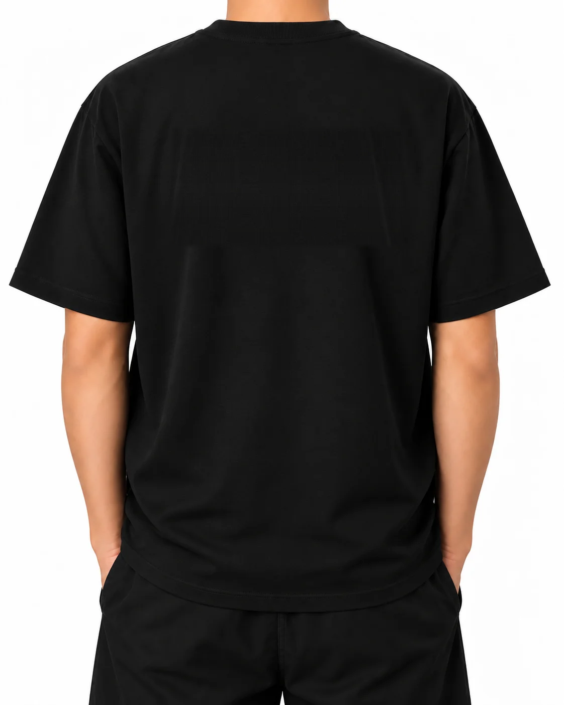 I Said What I Said Black oversized T-shirt, model A back view, unprinted back mockup.