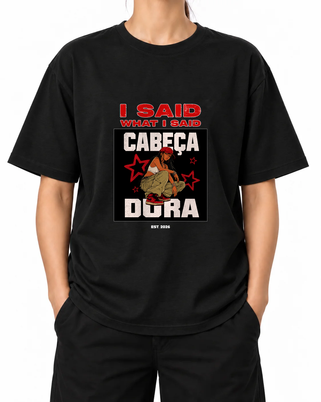 I Said What I Said Black oversized T-shirt, model A front view with centred original artwork mockup.