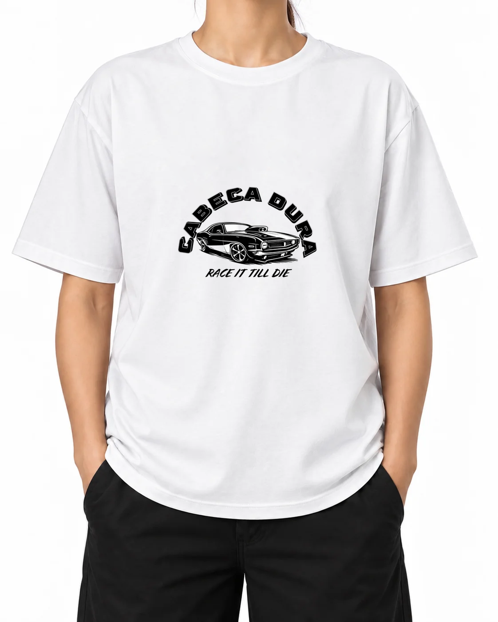 Race Till Die T-Shirt — White, model A wearing the T-shirt, front view on a white background.