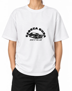 Race Till Die T-Shirt — White, model A wearing the T-shirt, front view on a white background.