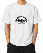Race Till Die T-Shirt — White, model B wearing the T-shirt, front view on a white background.
