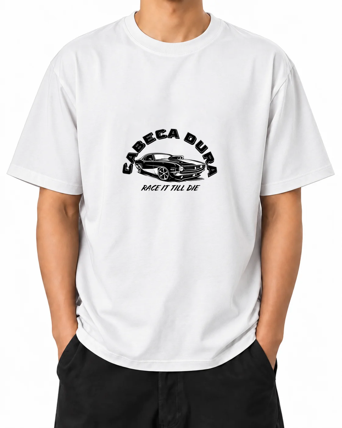 Race Till Die T-Shirt — White, model B wearing the T-shirt, front view on a white background.