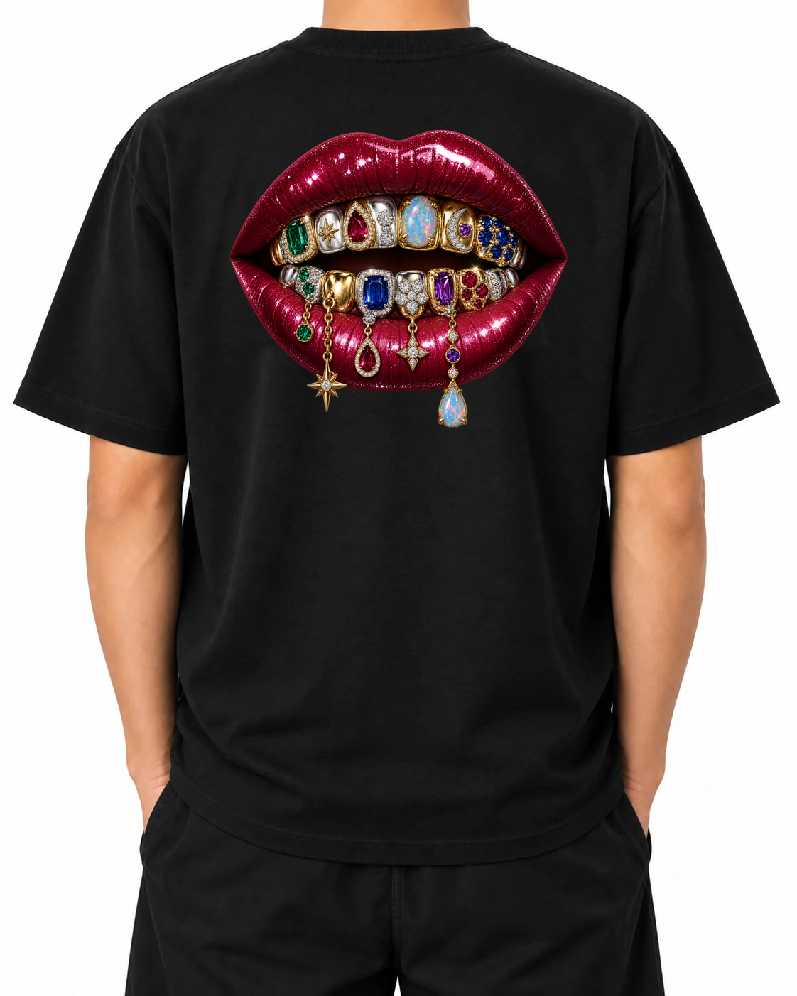 Rare Form T-Shirt — Black, model B wearing the T-shirt, back view on a white background.