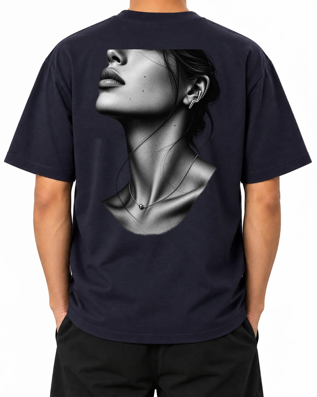 Silver Profile T-Shirt — French Navy, model B wearing the T-shirt, back view on a white background.