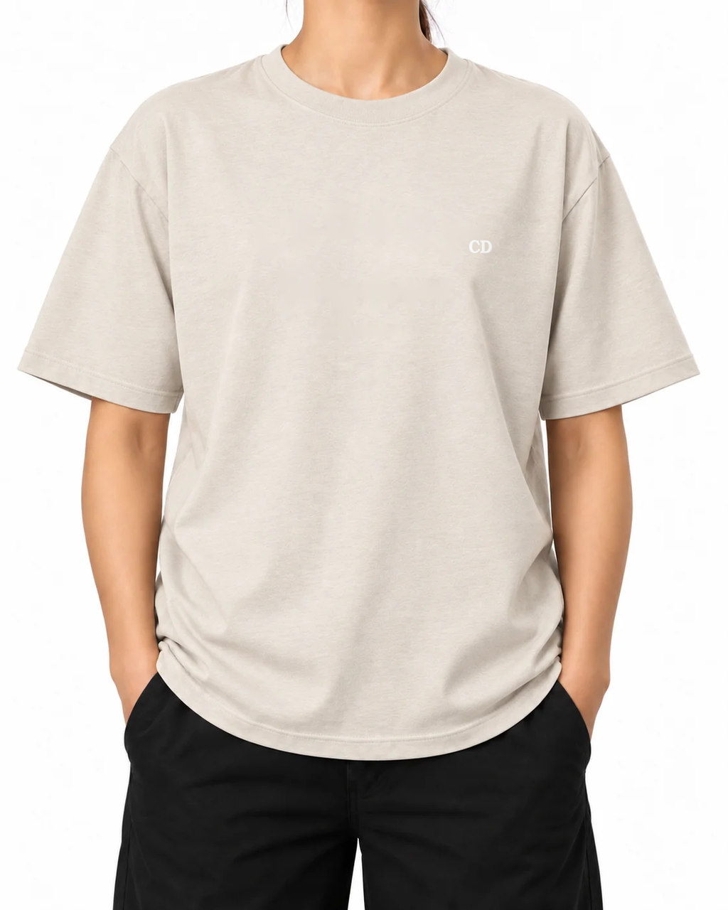 Rare Form T-Shirt — Natural Raw, model A wearing the T-shirt, front view on a white background.