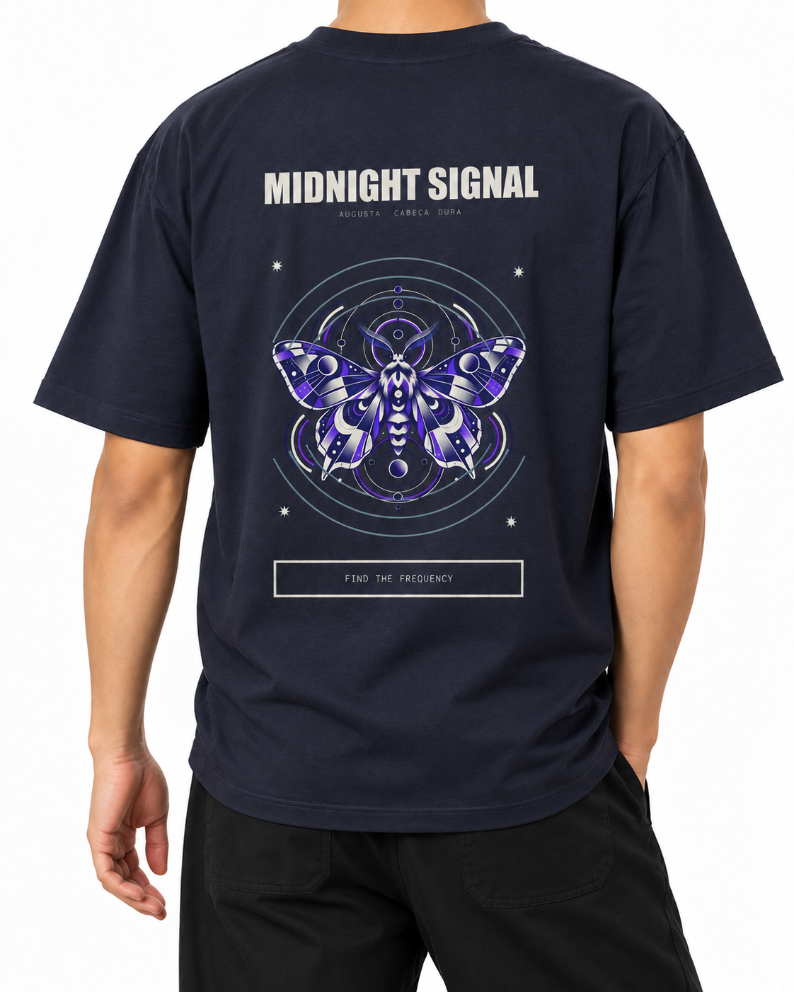 The navy Midnight Signal T-shirt worn from behind, showing its moth graphic