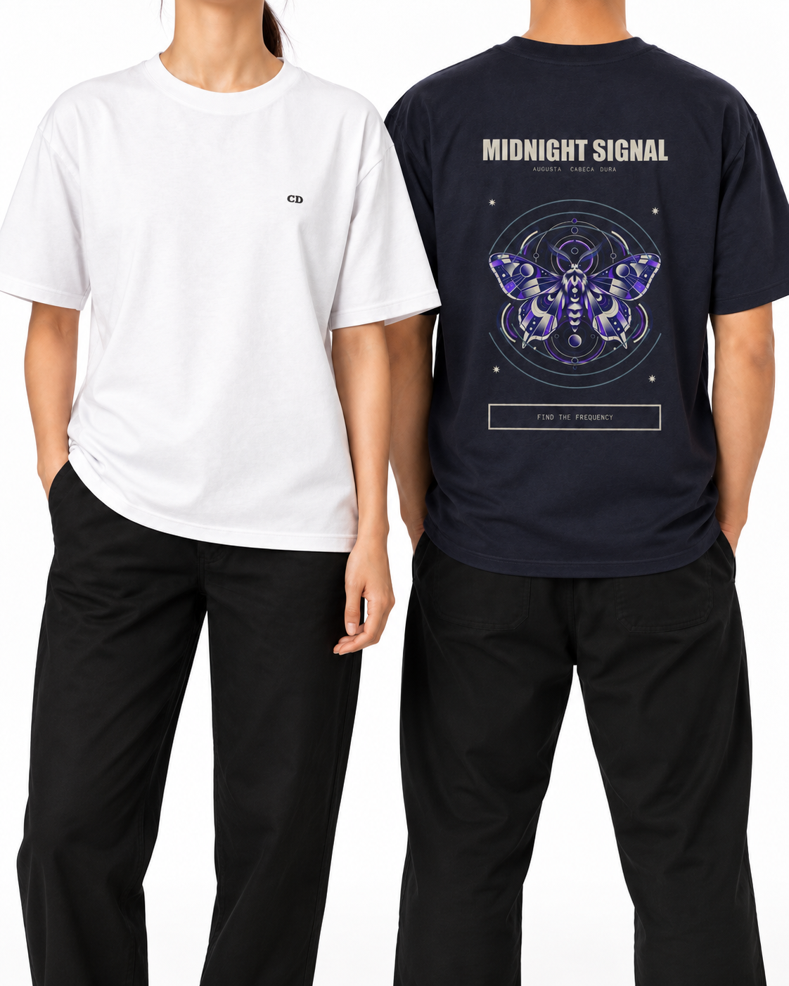 Woman wearing a white Augusta T-shirt from the front beside a man wearing Midnight Signal from the back