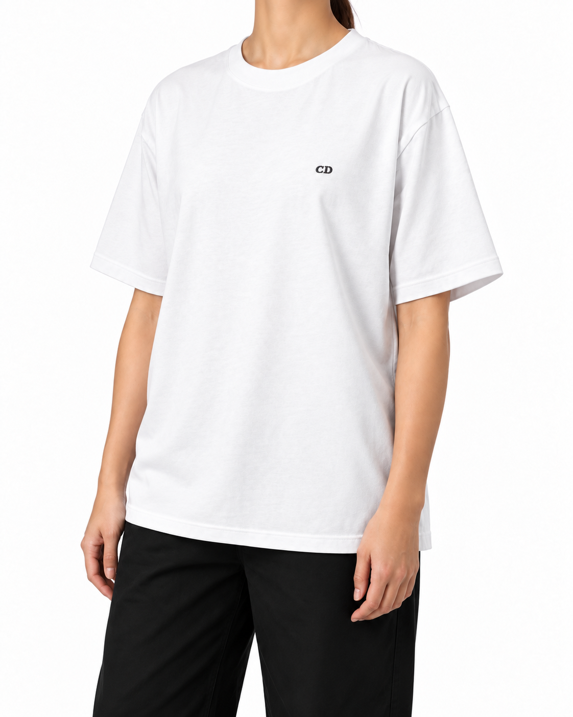 White Augusta CD T-shirt worn in a three-quarter view, showing the relaxed silhouette