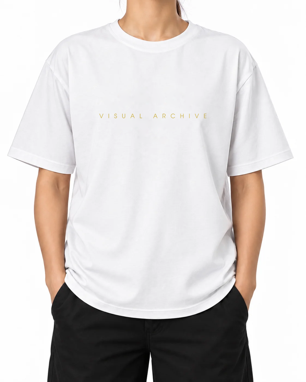Visual Archive T-Shirt — White, model A wearing the T-shirt, front view on a white background.