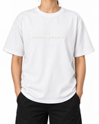 Visual Archive T-Shirt — White, model A wearing the T-shirt, front view on a white background.