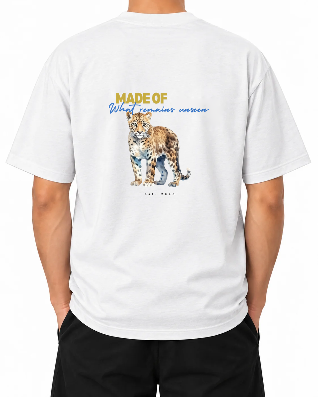 Visual Archive T-Shirt — White, model B wearing the T-shirt, back view on a white background.