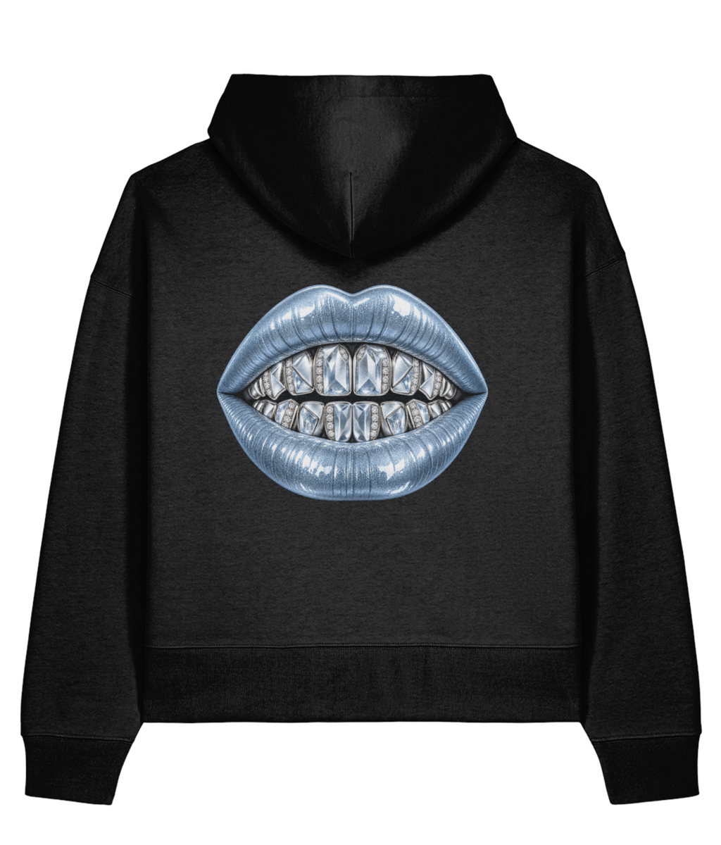 Cold Fortune Boxy Hoodie — Black, back view.