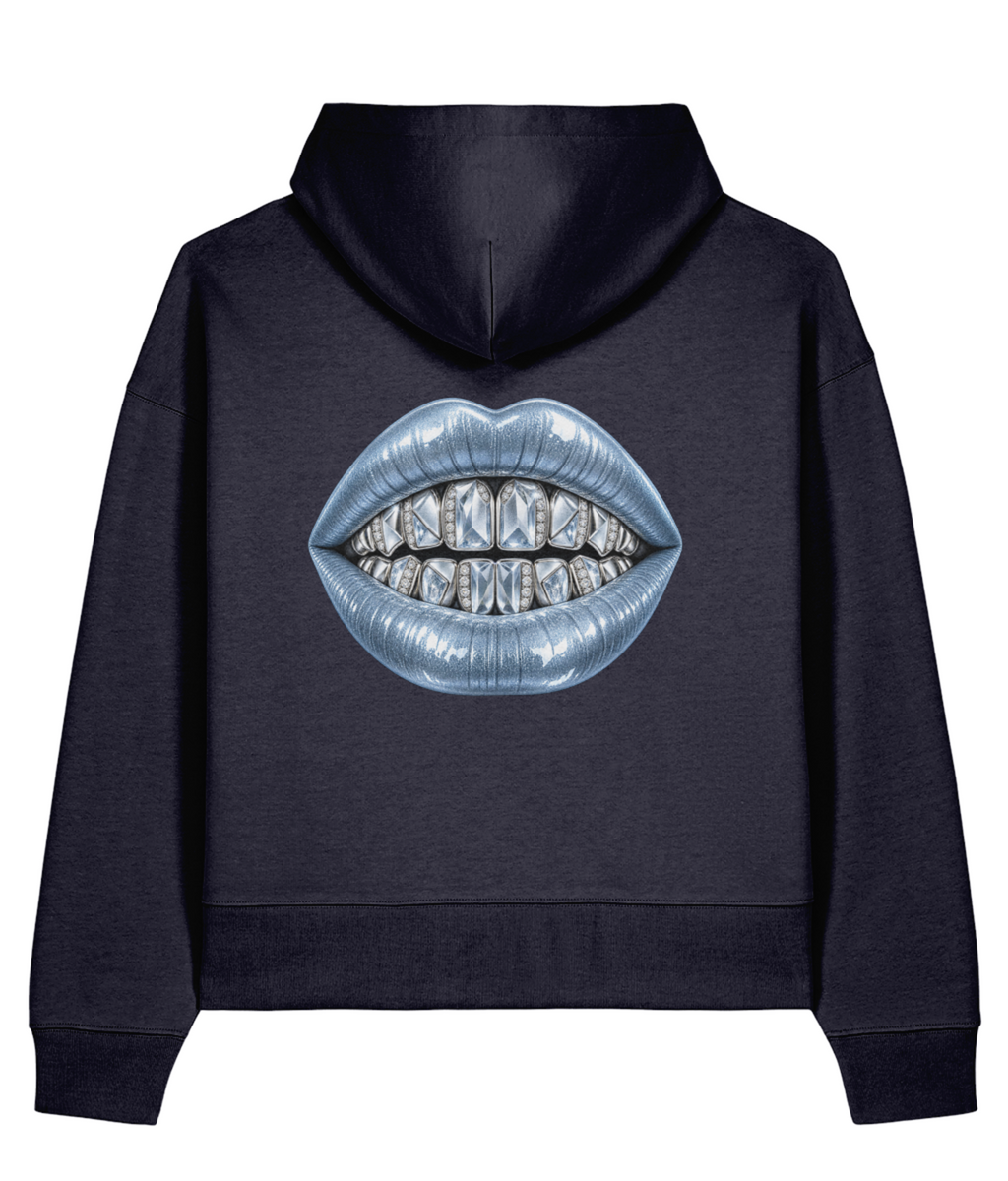 Cold Fortune Boxy Hoodie — French Navy, back view.