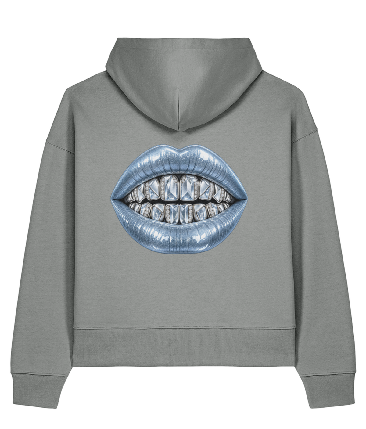 Cold Fortune Boxy Hoodie — Misty Grey, back view.