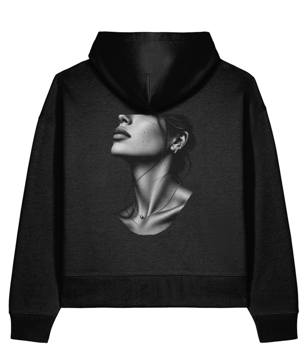 Silver Profile Boxy Hoodie — Black, back view.