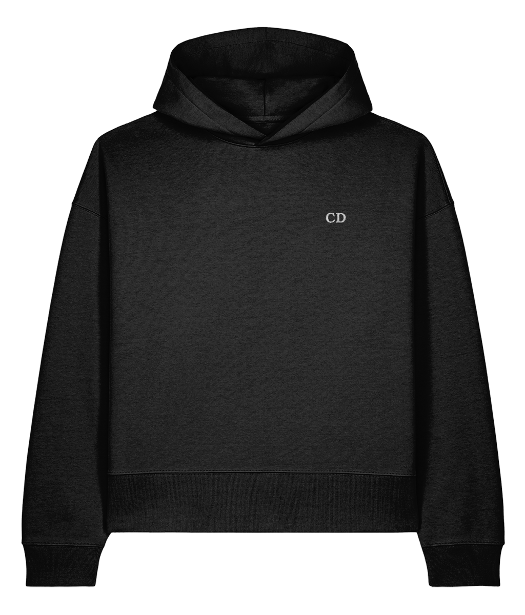 Silver Profile Voicer boxy hoodie in Black, front view.